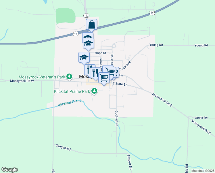 map of restaurants, bars, coffee shops, grocery stores, and more near 231 East State Street in Mossyrock