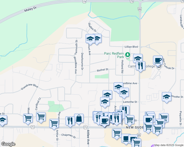 map of restaurants, bars, coffee shops, grocery stores, and more near 1442 Agincourt Avenue in Greater Sudbury