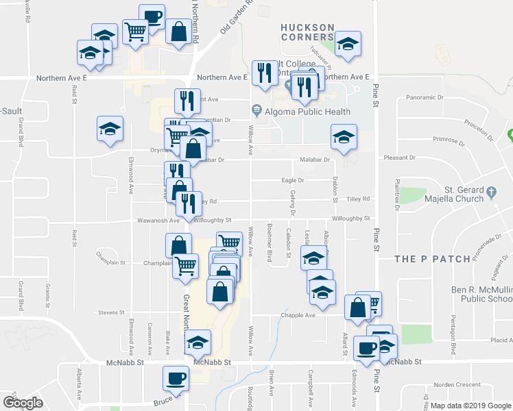 map of restaurants, bars, coffee shops, grocery stores, and more near 87 Tilley Road in Sault Ste. Marie