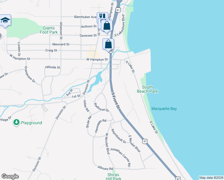 map of restaurants, bars, coffee shops, grocery stores, and more near Michigan 28 in Marquette