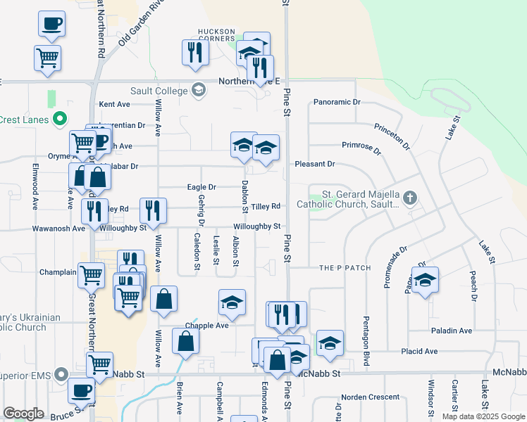 map of restaurants, bars, coffee shops, grocery stores, and more near 209 Tilley Road in Sault Ste. Marie