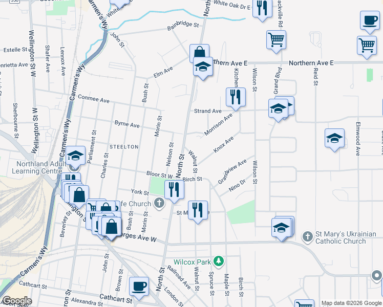 map of restaurants, bars, coffee shops, grocery stores, and more near 254 Walnut Street in Sault Ste. Marie