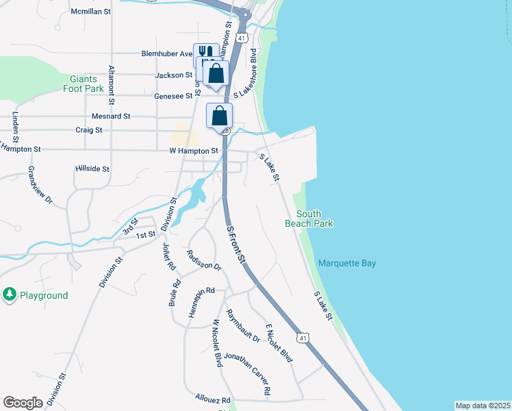 map of restaurants, bars, coffee shops, grocery stores, and more near 21 Marquette Drive in Marquette