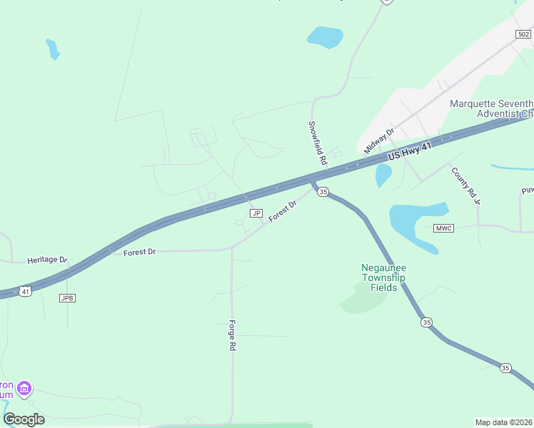 map of restaurants, bars, coffee shops, grocery stores, and more near Highway 41 in Negaunee