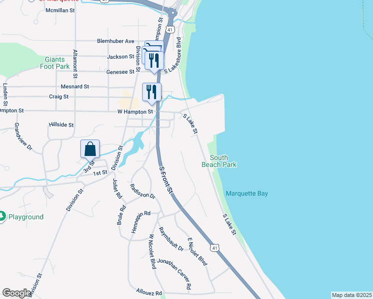 map of restaurants, bars, coffee shops, grocery stores, and more near 21 Marquette Drive in Marquette