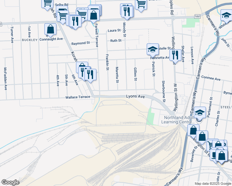 map of restaurants, bars, coffee shops, grocery stores, and more near 203 Wallace Terrace in Sault Ste. Marie