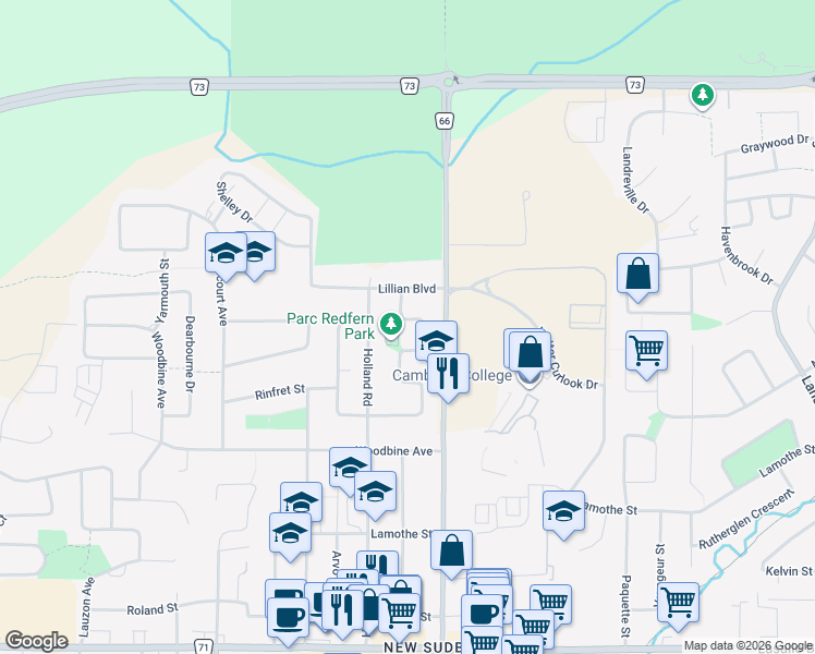 map of restaurants, bars, coffee shops, grocery stores, and more near 1600 Redfern Street in Sudbury