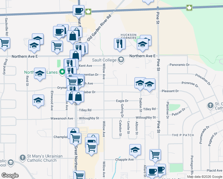 map of restaurants, bars, coffee shops, grocery stores, and more near 102 Malabar Drive in Sault Ste. Marie