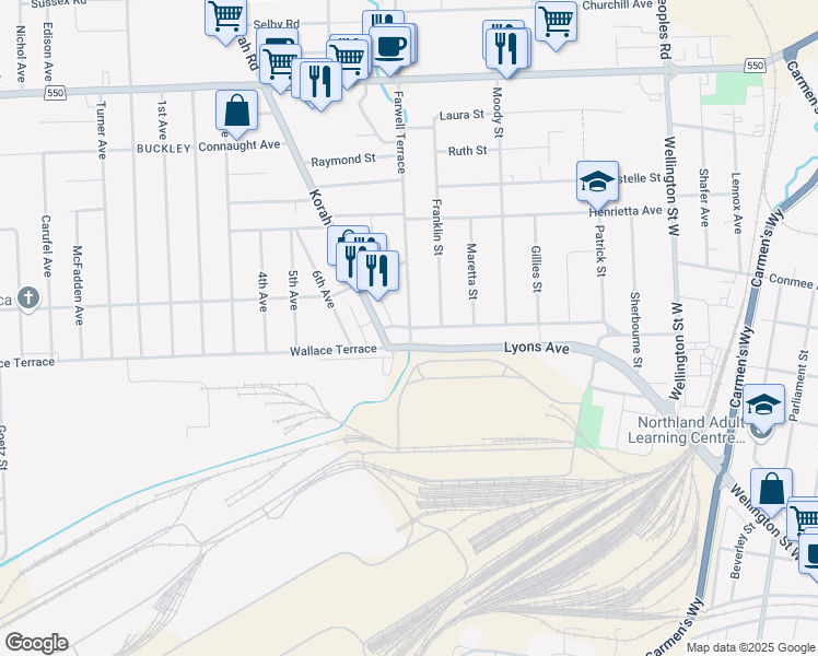 map of restaurants, bars, coffee shops, grocery stores, and more near Wallace Terrace & Farwell Terrace in Sault Ste. Marie