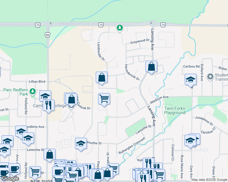 map of restaurants, bars, coffee shops, grocery stores, and more near 2024 Valleystream Drive in Sudbury