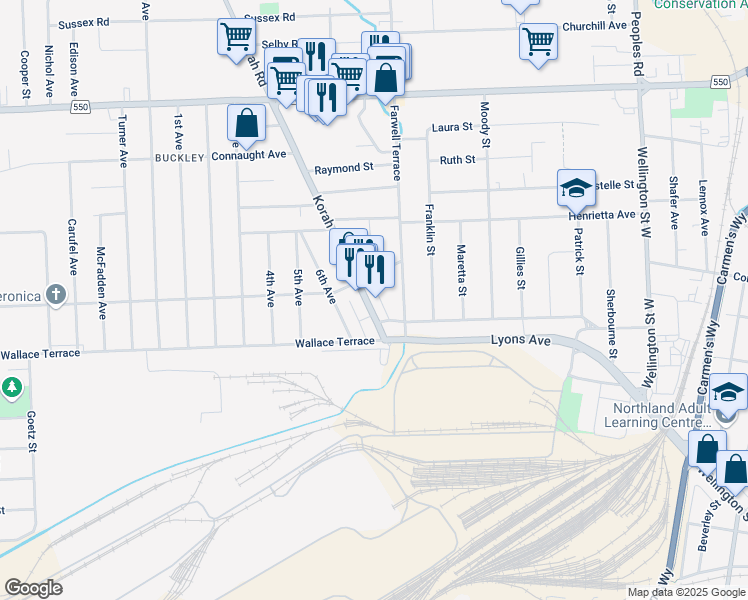 map of restaurants, bars, coffee shops, grocery stores, and more near 308 Korah Road in Sault Ste. Marie