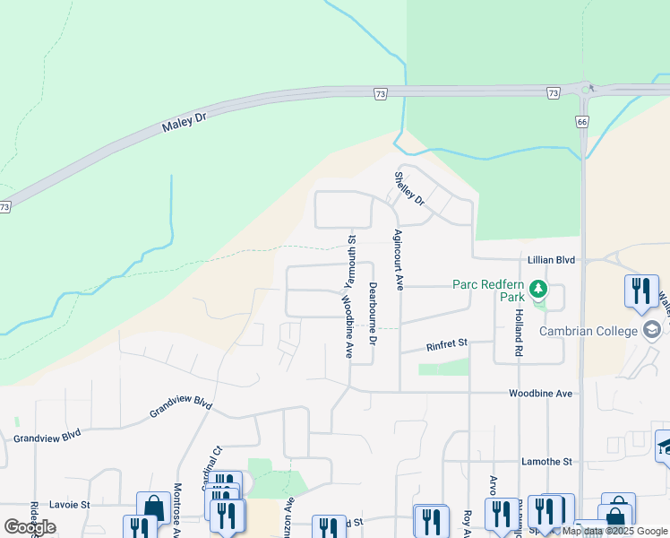 map of restaurants, bars, coffee shops, grocery stores, and more near 927 Windermere Crescent in Greater Sudbury