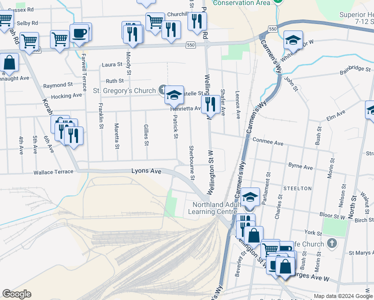 map of restaurants, bars, coffee shops, grocery stores, and more near 300 Patrick Street in Sault Ste. Marie