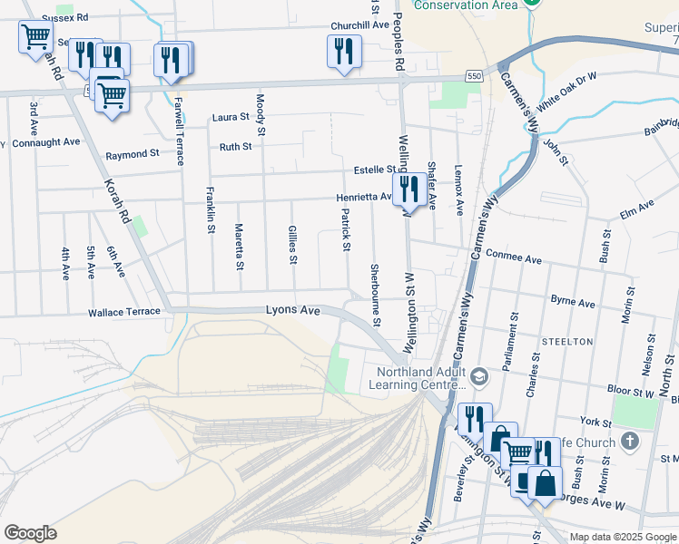 map of restaurants, bars, coffee shops, grocery stores, and more near 331 Patrick Street in Sault Ste. Marie