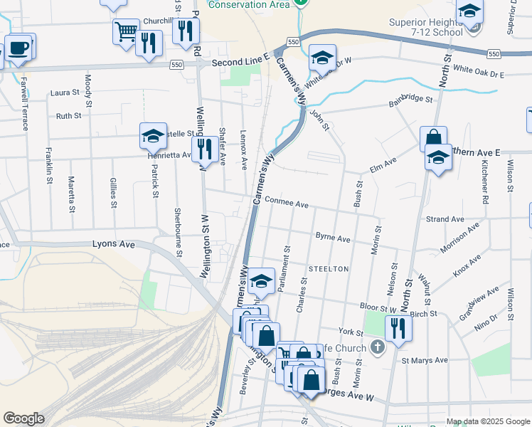 map of restaurants, bars, coffee shops, grocery stores, and more near 579 Northland Road in Sault Ste. Marie