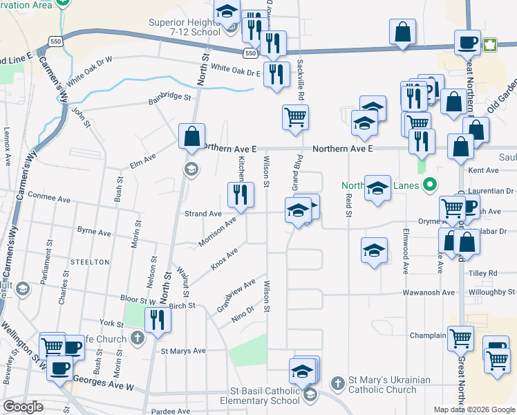 map of restaurants, bars, coffee shops, grocery stores, and more near 100 Strand Avenue in Sault Ste. Marie