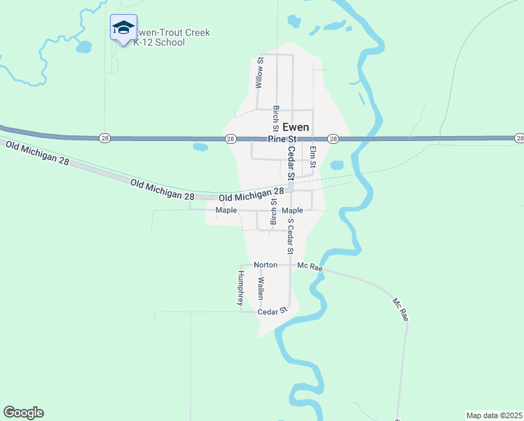 map of restaurants, bars, coffee shops, grocery stores, and more near 208 West Maple in Ewen