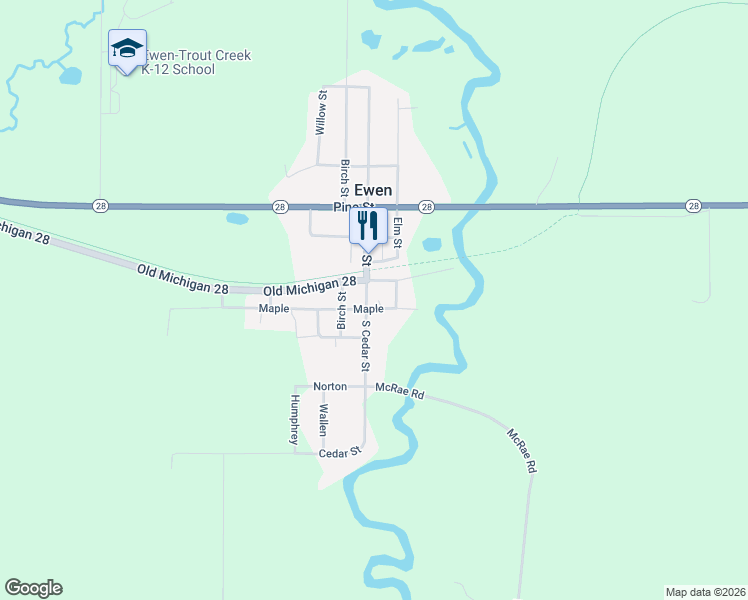 map of restaurants, bars, coffee shops, grocery stores, and more near 500-606 South Cedar Street in Ewen