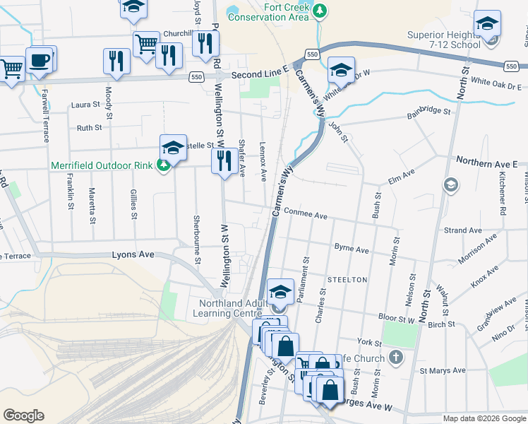 map of restaurants, bars, coffee shops, grocery stores, and more near 257 Conmee Avenue in Sault Ste. Marie