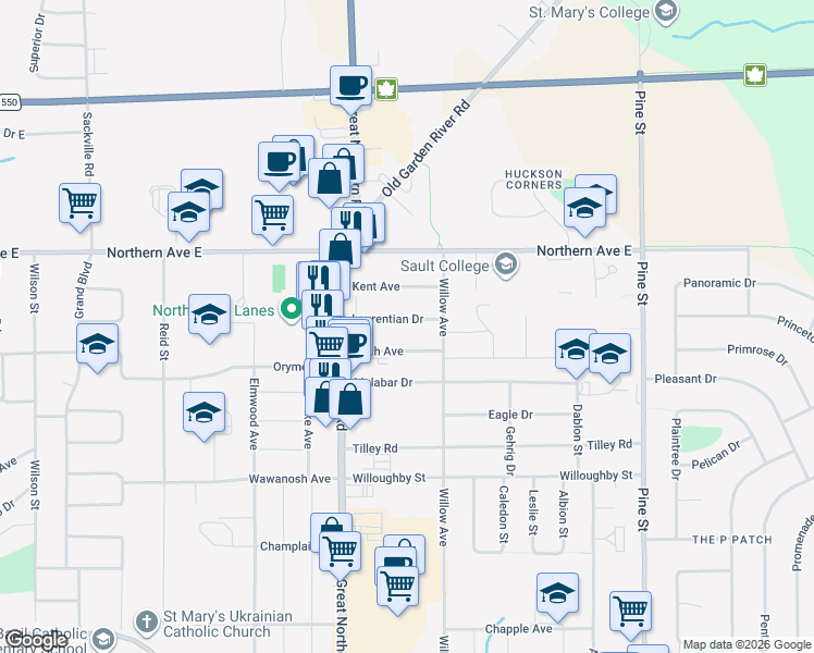map of restaurants, bars, coffee shops, grocery stores, and more near 53 Laurentian Drive in Sault Ste. Marie