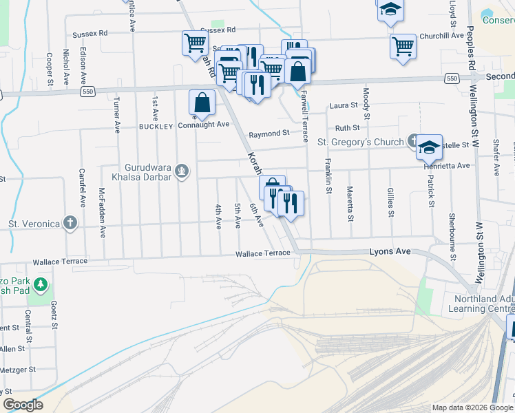 map of restaurants, bars, coffee shops, grocery stores, and more near 340 6th Avenue in Sault Ste. Marie