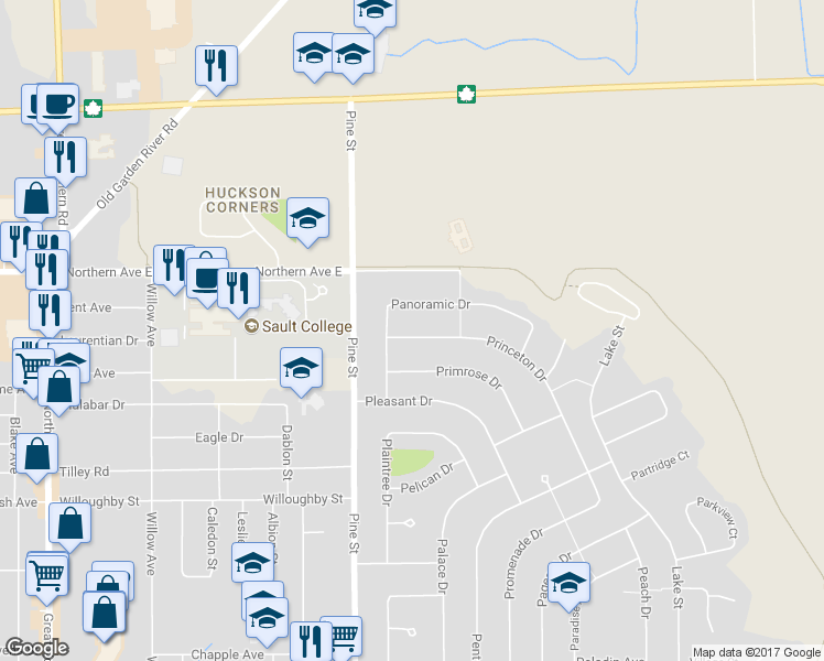map of restaurants, bars, coffee shops, grocery stores, and more near 20 Princeton Drive in Sault Ste. Marie