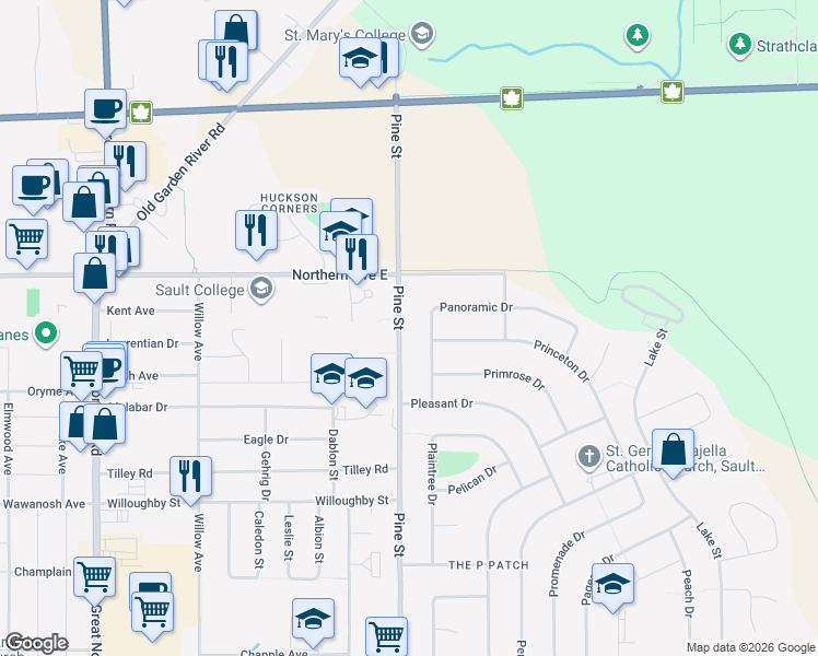 map of restaurants, bars, coffee shops, grocery stores, and more near 978 Pine Street in Sault Ste. Marie