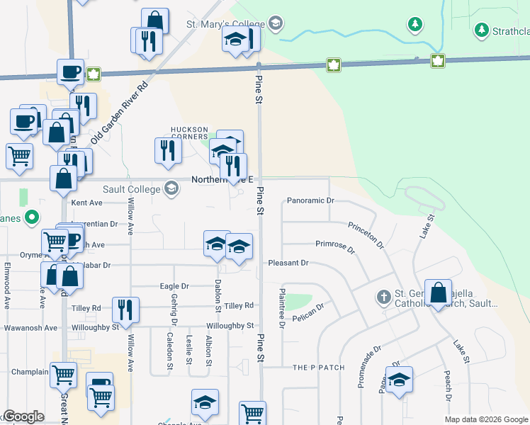 map of restaurants, bars, coffee shops, grocery stores, and more near 980 Pine Street in Sault Ste. Marie