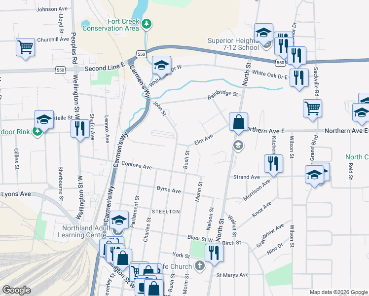 map of restaurants, bars, coffee shops, grocery stores, and more near 621 Bush Street in Sault Ste. Marie