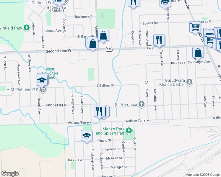 map of restaurants, bars, coffee shops, grocery stores, and more near 255 East Balfour Street in Sault Ste. Marie