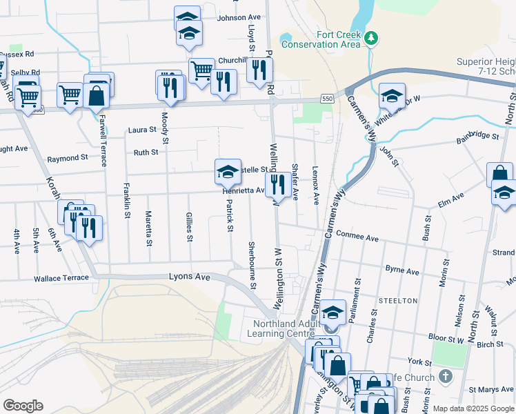 map of restaurants, bars, coffee shops, grocery stores, and more near 624 Sherbourne Street in Sault Ste. Marie