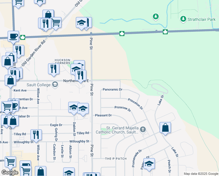 map of restaurants, bars, coffee shops, grocery stores, and more near 109 Panoramic Drive in Sault Ste. Marie