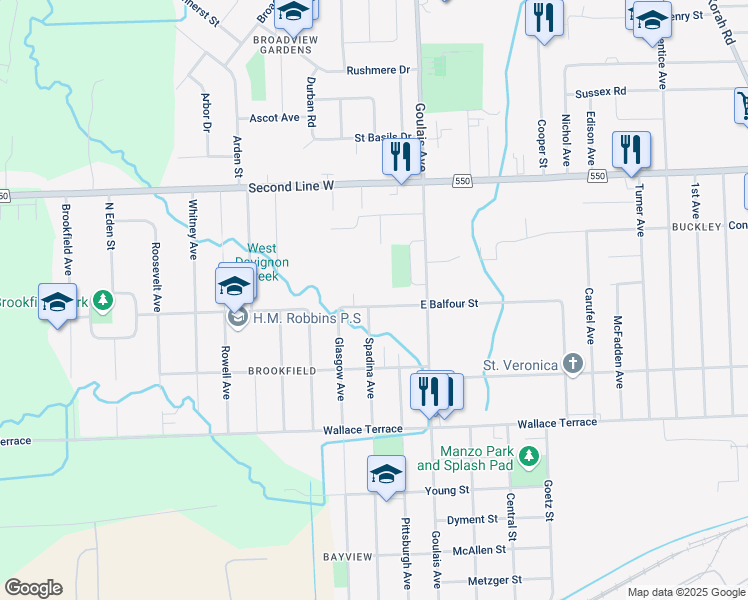map of restaurants, bars, coffee shops, grocery stores, and more near 192 East Balfour Street in Sault Ste. Marie