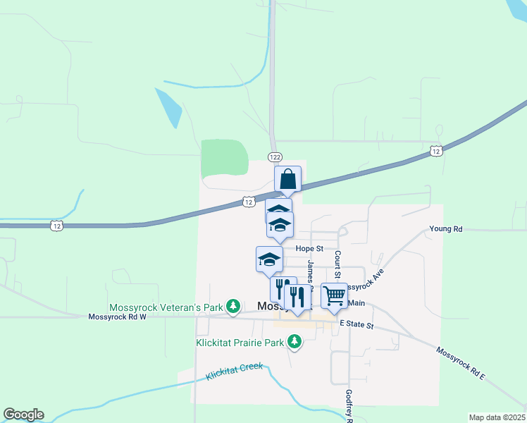 map of restaurants, bars, coffee shops, grocery stores, and more near 701 Williams Street in Mossyrock