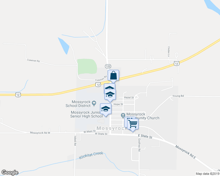 map of restaurants, bars, coffee shops, grocery stores, and more near 701 Williams Street in Mossyrock