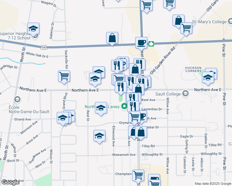 map of restaurants, bars, coffee shops, grocery stores, and more near 279 Northern Avenue East in Sault Ste. Marie