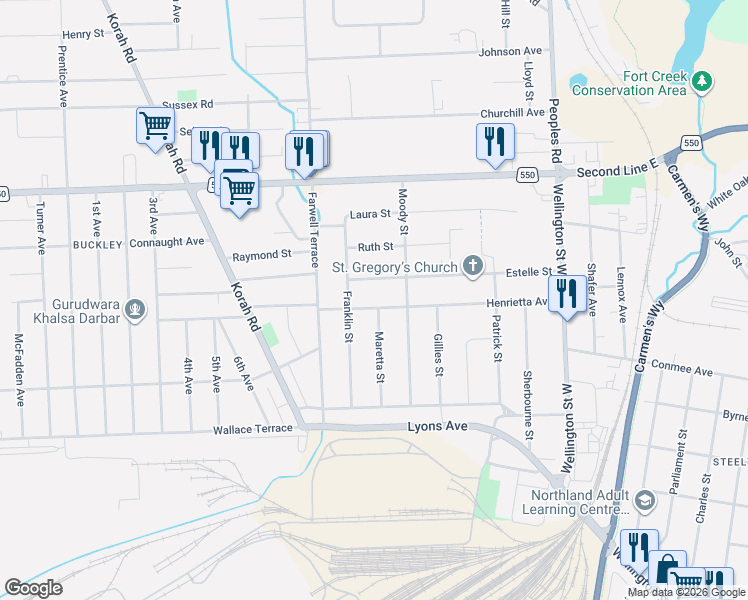 map of restaurants, bars, coffee shops, grocery stores, and more near 150 Henrietta Avenue in Sault Ste. Marie