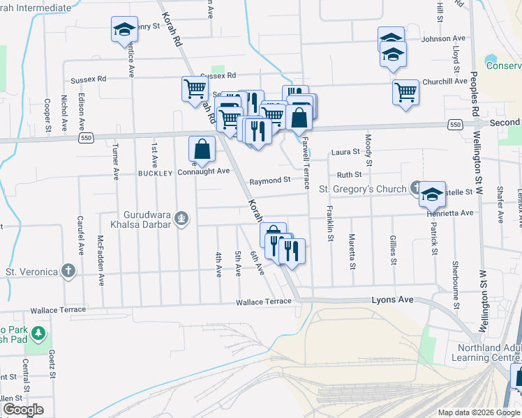 map of restaurants, bars, coffee shops, grocery stores, and more near 406 Korah Road in Sault Ste. Marie