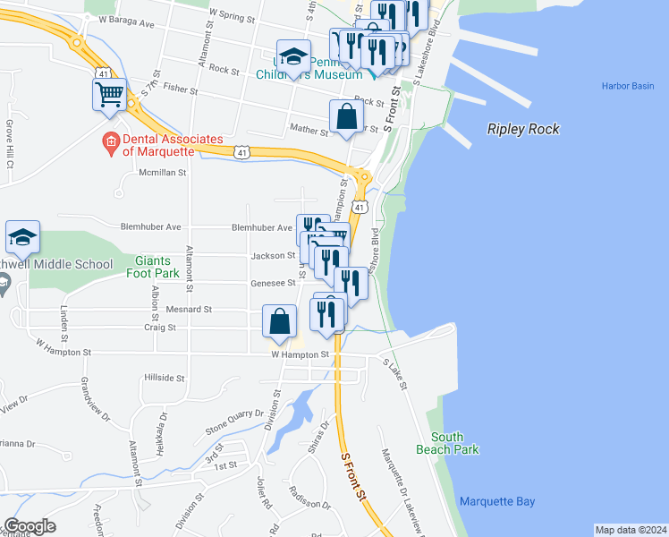 map of restaurants, bars, coffee shops, grocery stores, and more near 999 S Front St in Marquette