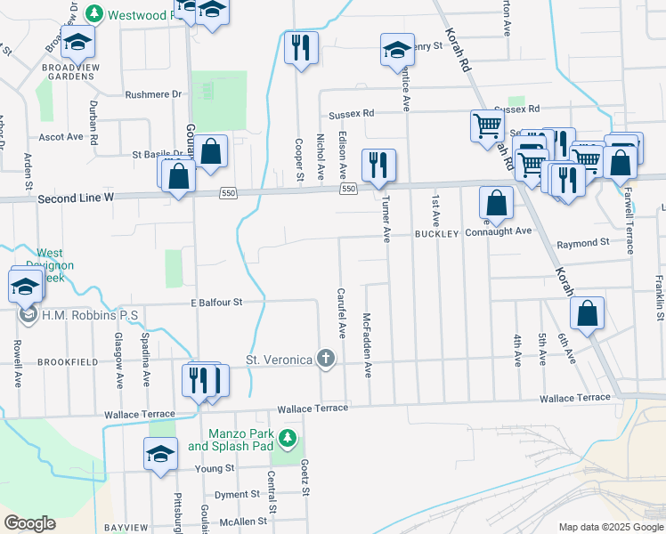 map of restaurants, bars, coffee shops, grocery stores, and more near 183 Carufel Avenue in Sault Ste. Marie