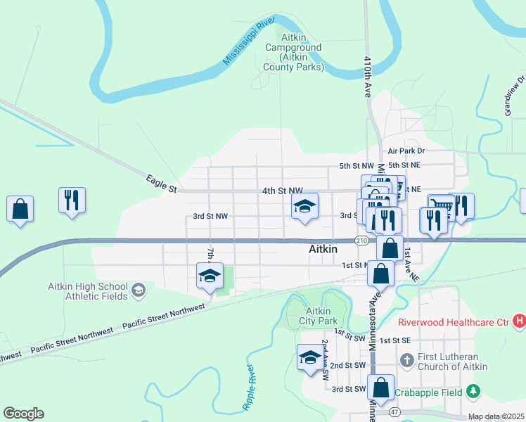 map of restaurants, bars, coffee shops, grocery stores, and more near 422 3rd Street Northwest in Aitkin