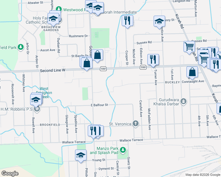 map of restaurants, bars, coffee shops, grocery stores, and more near 640 Connaught Avenue in Sault Ste. Marie