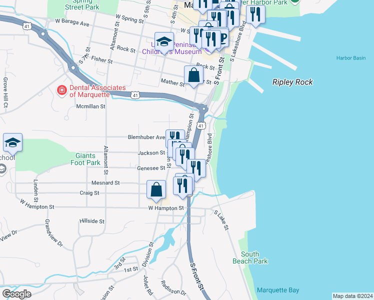 map of restaurants, bars, coffee shops, grocery stores, and more near 1013 Champion Street in Marquette