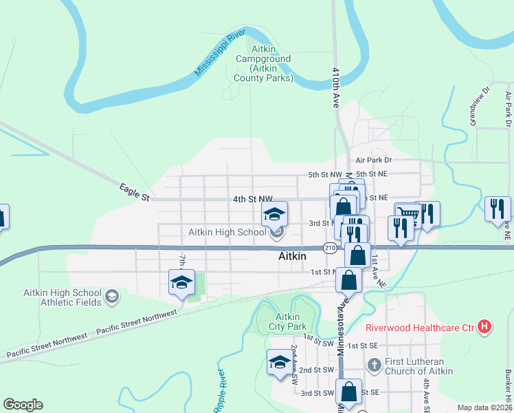 map of restaurants, bars, coffee shops, grocery stores, and more near 324 3rd Street Northwest in Aitkin