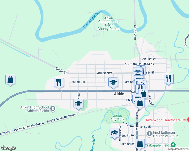 map of restaurants, bars, coffee shops, grocery stores, and more near 422 3rd Street Northwest in Aitkin
