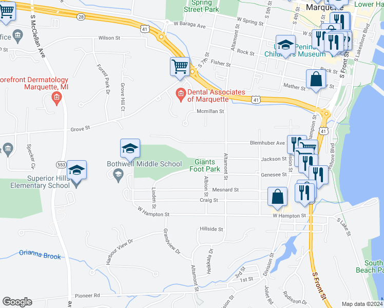 map of restaurants, bars, coffee shops, grocery stores, and more near 600-698 Mountain Street in Marquette