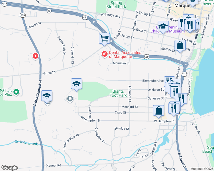 map of restaurants, bars, coffee shops, grocery stores, and more near 400-498 Blemhuber Avenue in Marquette