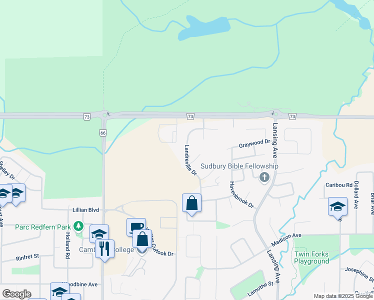 map of restaurants, bars, coffee shops, grocery stores, and more near 108 Landreville Drive in Sudbury