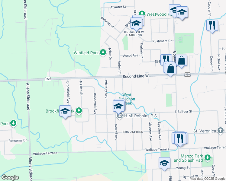 map of restaurants, bars, coffee shops, grocery stores, and more near 417 Rowell Avenue in Sault Ste. Marie