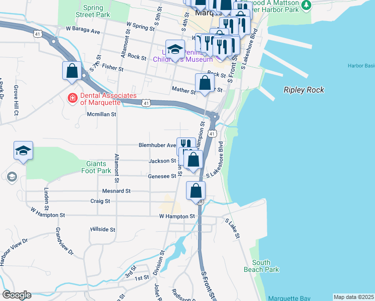 map of restaurants, bars, coffee shops, grocery stores, and more near 110 Blemhuber Avenue in Marquette